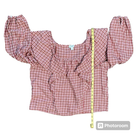 J. Crew Women's Red Plaid Ruffle Long Sleeve Blouse Top Square Neck Size L - Picture 8 of 12